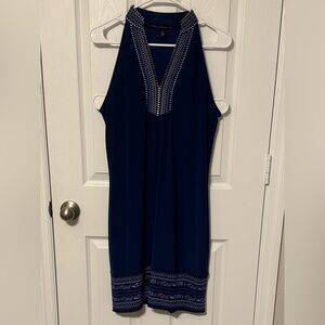 White House Black Market Blue Embroidered V-Neck Dress